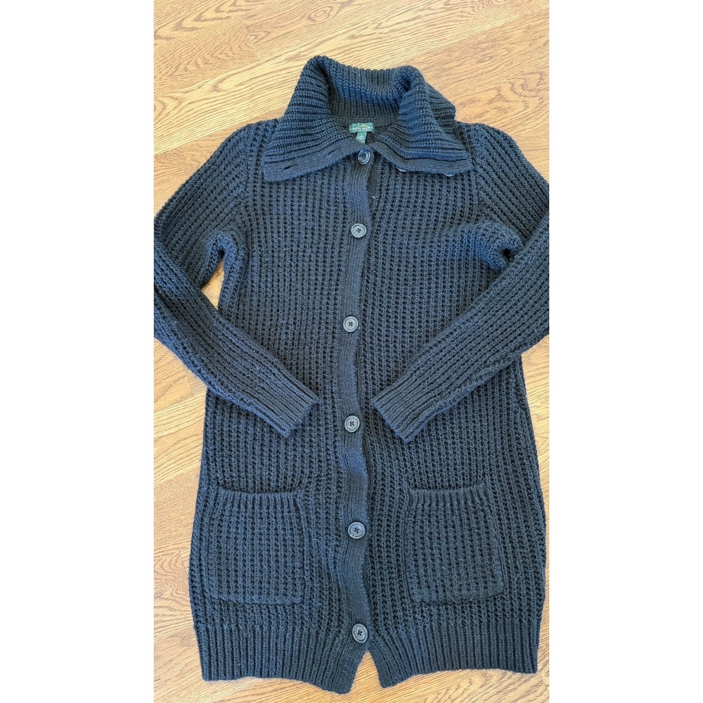 Lauren Ralph Lauren Womens Long Chunky Black Button Cardigan Sweater L